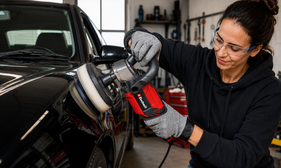 Une femme dans un garage rénove une carrosserie noire de voiture à l'aide d'une polisseuse Einhell.