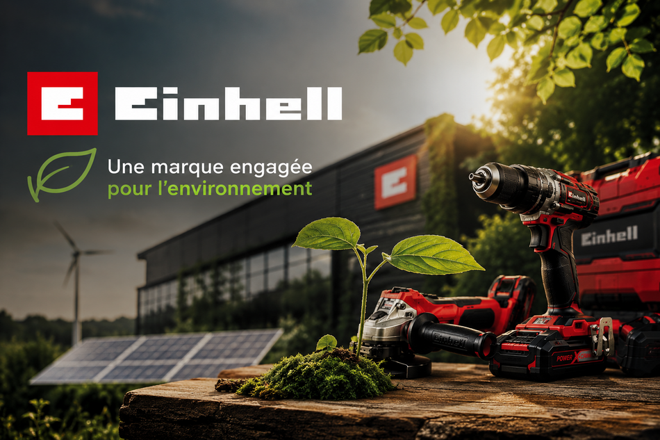 Visuel illustrant l’engagement environnemental d’Einhell, mettant en scène ses outils électroportatifs dans un univers mêlant innovation, nature et énergie durable.