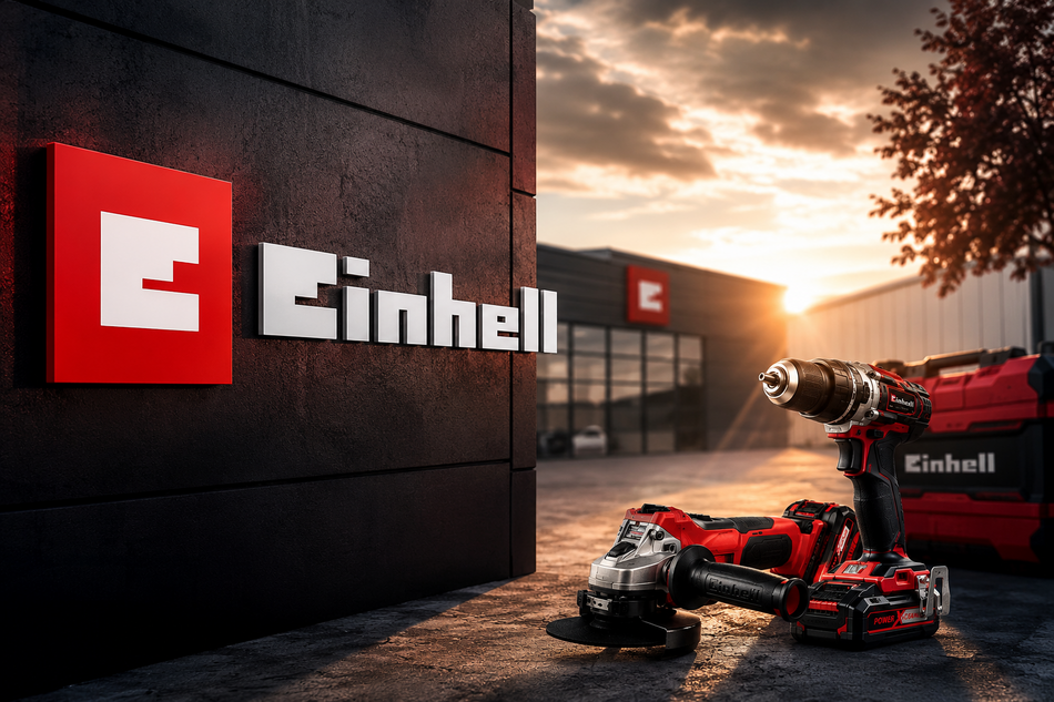 Le logo de la marque Einhell, placardé sur un mur de leur entreprise avec un beau coucher de soleil en fond qui éclaire des outils fabriqués par l'enseigne positionnés en premier plan