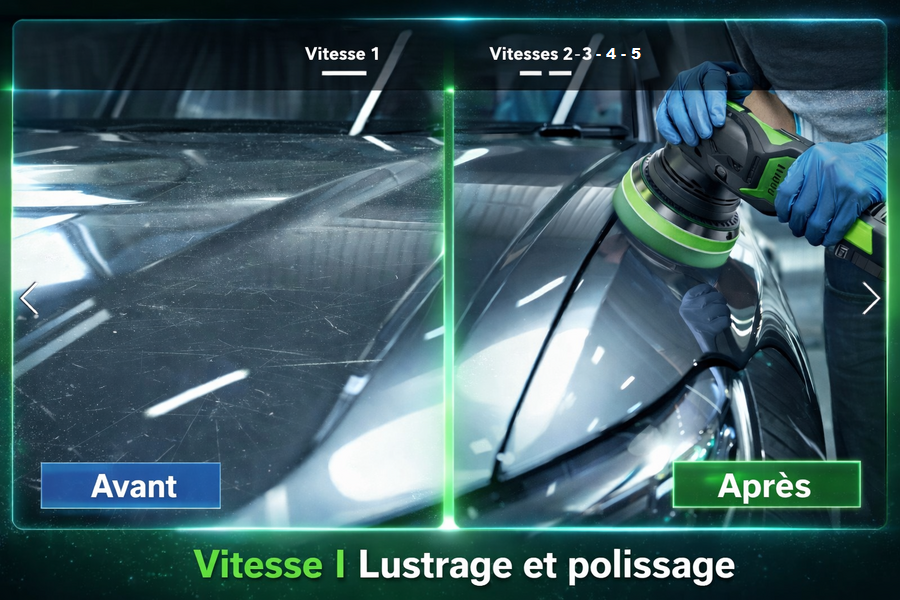 Image illustrant la différence avant et après le polissage d'un capot avec une polisseuse lustreuse sans fil ginour