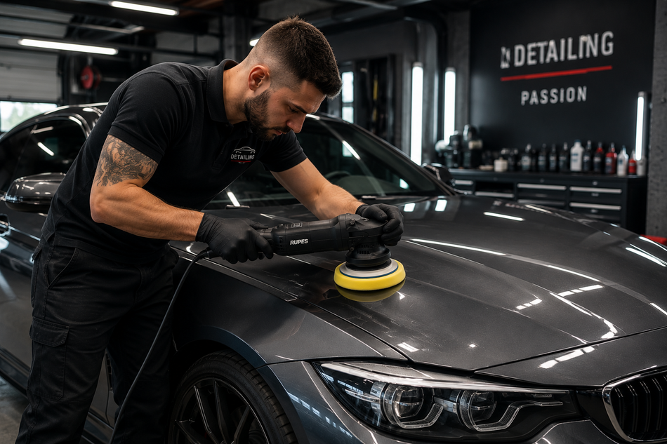 Un carrossier restaure la peinture d'une voiture à l'aide d'une polisseuse rotative.