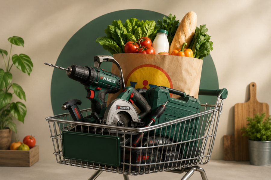 Une image humoristique représentant un caddie de supermarché avec un sac rempli de courses alimentaires mais aussi d'outils électroportatifs pour symboliser élégamment l'histoire de la marque parkside creer par lidle